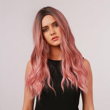 oneNonly 20 inch synthetic wig pink long wavy hairstyle on woman in black top