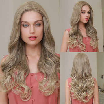HAIRCUBE 21 inch lace front wig with long wavy blonde hair shown from front side and back