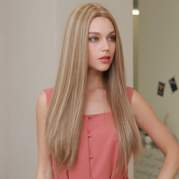 HAIRCUBE 21 inch straight synthetic wig shown on a woman with long blonde hair wearing a coral sleeveless top