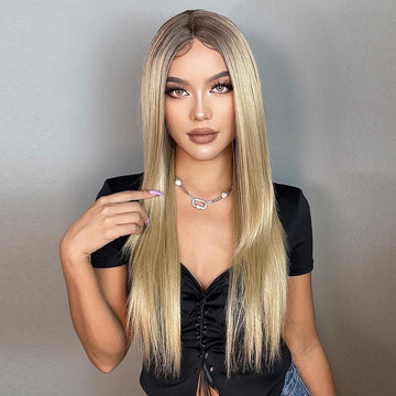 HAIRCUBE blonde human hair lace front wig with long straight hair styled on a model