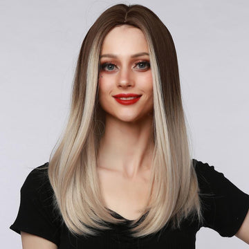 La Sylphide ombre brown mixed blond synthetic wig with straight mid-length hair on woman