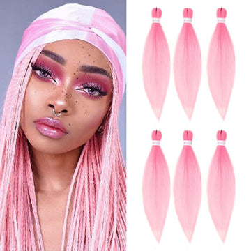 HAIRCUBE peach pink hair extensions displayed on model with matching braided wig and six bundles of straight hair