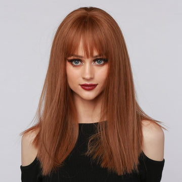 HAIRCUBE reddish brown synthetic wig with straight long hair and bangs on female model