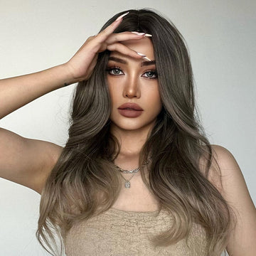 HAIRCUBE 20 inch ombre curly wig worn by woman with long wavy hair and natural makeup