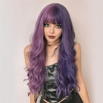HAIRCUBE long wavy purple wig for women with two-tone pastel purple and lavender color and bangs