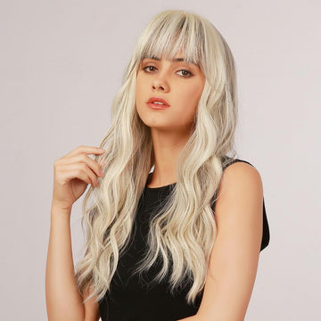 La Sylphide 22 inch loose wave synthetic wig in platinum blonde with bangs on woman