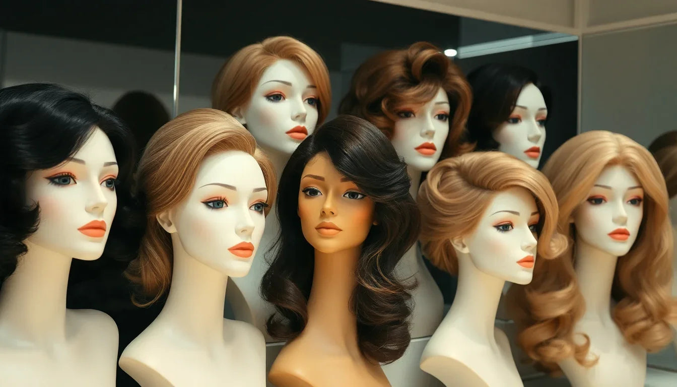 Various styled wigs on mannequin heads demonstrating how to choose a wig for parties with different looks