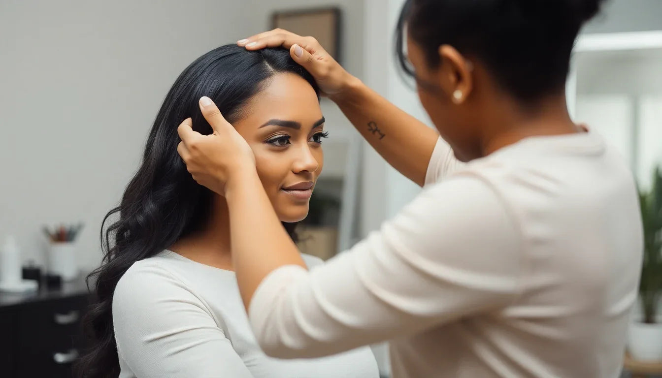 Woman measuring her head for a perfect wig fit