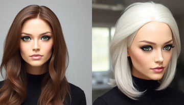 Side by side comparison of human hair vs synthetic wigs comparison featuring brunette and white bob styles