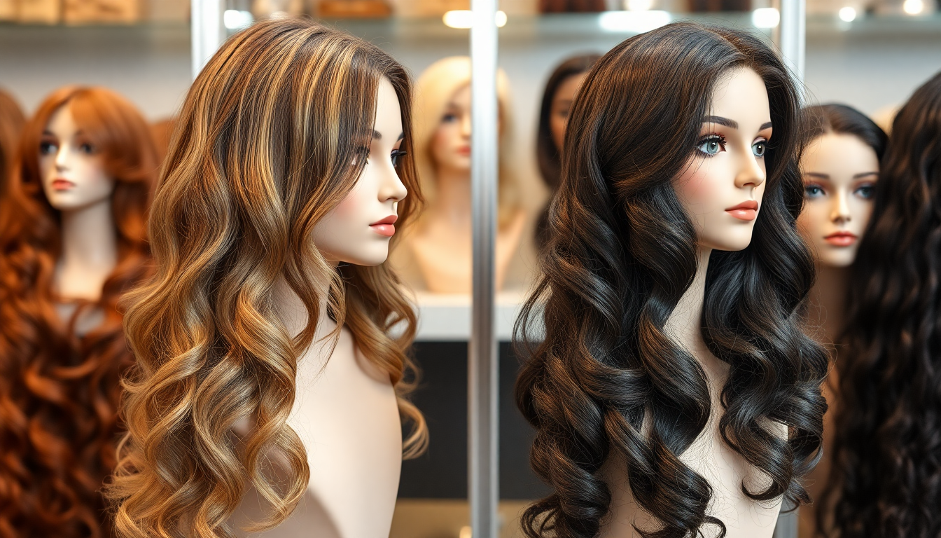 Comparison of human hair and synthetic wigs on display