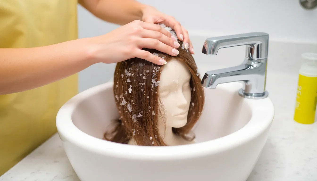 Demonstration of how to clean synthetic wigs at home by washing a wig on a mannequin head in a sink