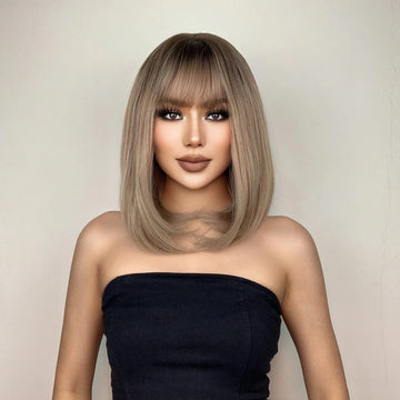 15″ Ash Brown Rooted Soft Bob Synthetic Wig