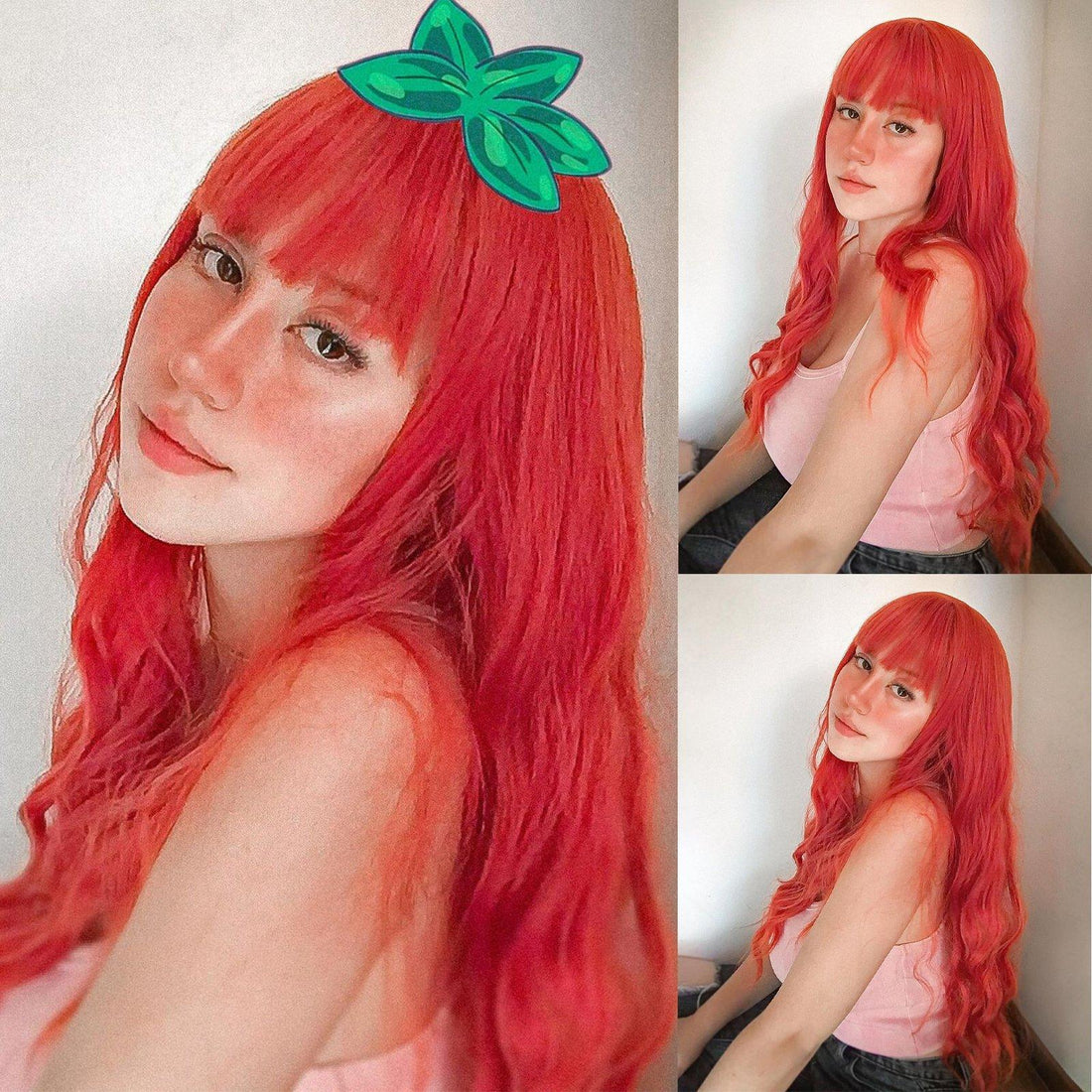 21 Inches Loose Spirals Synthetic Wigs with Bangs 🎗 Strawberry - HAIRCUBE