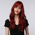 HAIRCUBE 18 inch red wine wig with long wavy hair and fringe on a woman wearing a black top