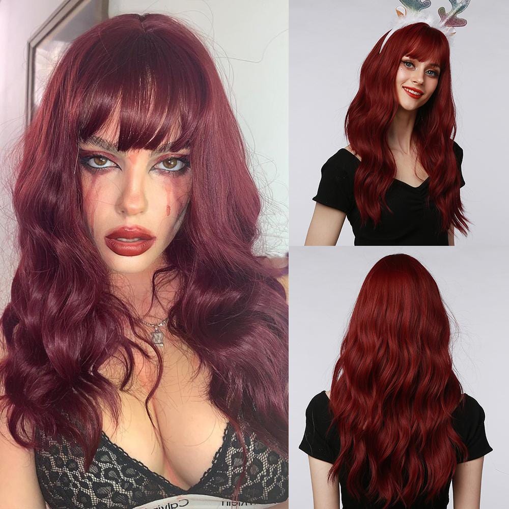 HAIRCUBE 18 inch red wine wig with wavy texture and bangs shown from front and back