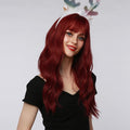 HAIRCUBE 18 inch red wine wig with long wavy hair modeled by woman wearing black top and festive headband