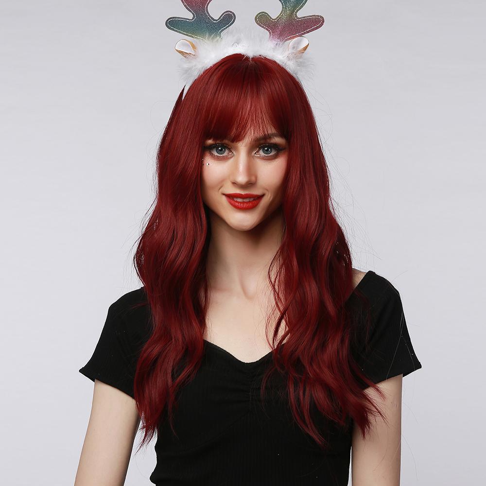 HAIRCUBE 18 inch red wine wig with long wavy hair and bangs styled on a model wearing black top