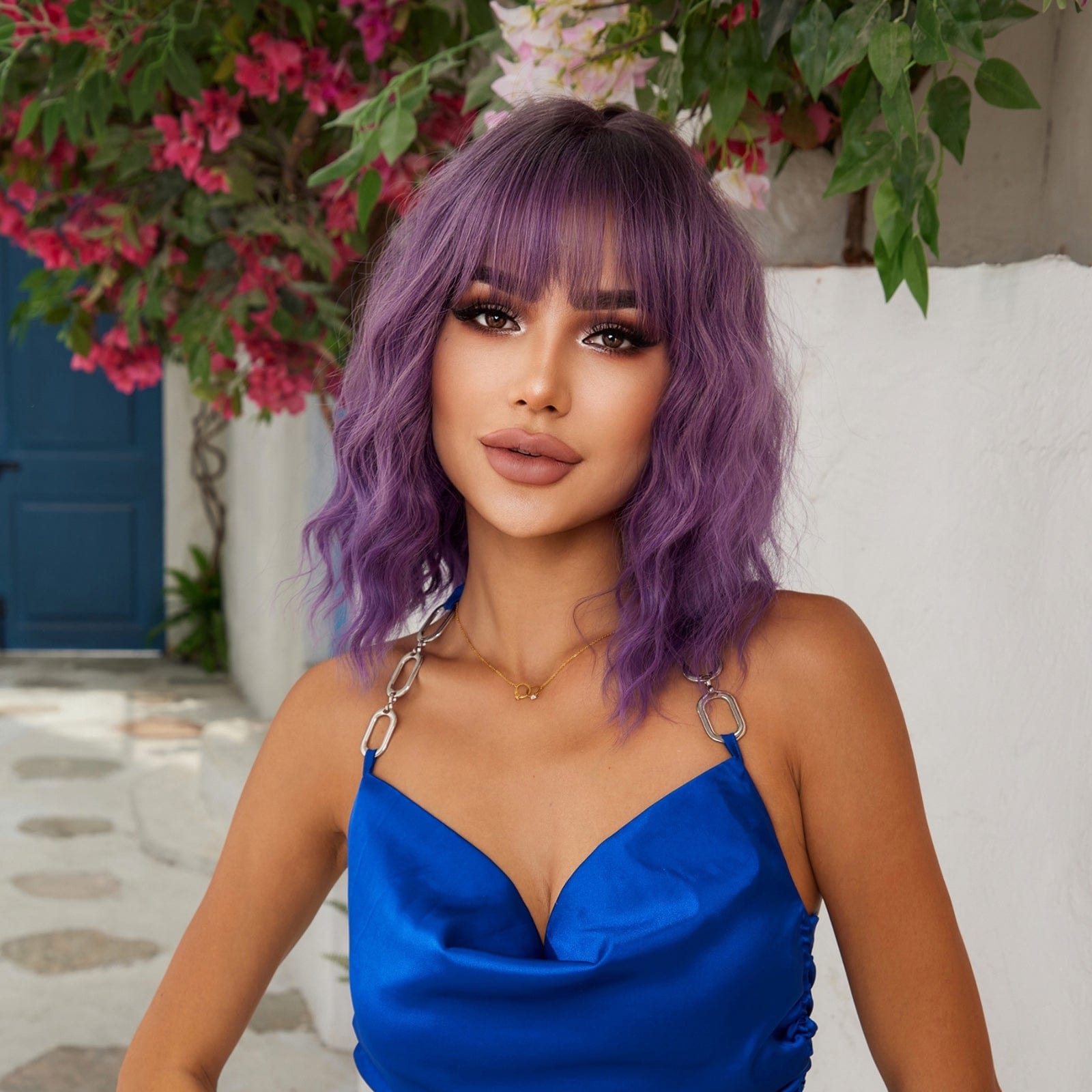 15" Curly Purple Wig with Bangs