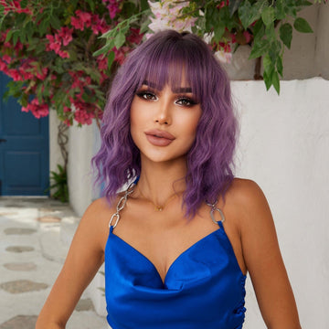 15" Curly Purple Wig with Bangs