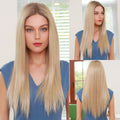 HAIRCUBE 20 inch synthetic lace front wig in long straight blonde style shown from front side and back views