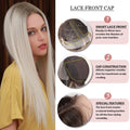 HAIRCUBE 20 inch synthetic lace front wig shown on a woman with long straight blonde hair and lace front cap details