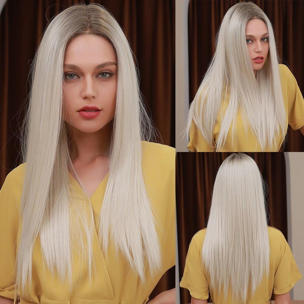 HAIRCUBE 20 inch synthetic lace front wig with long straight blonde hair on model