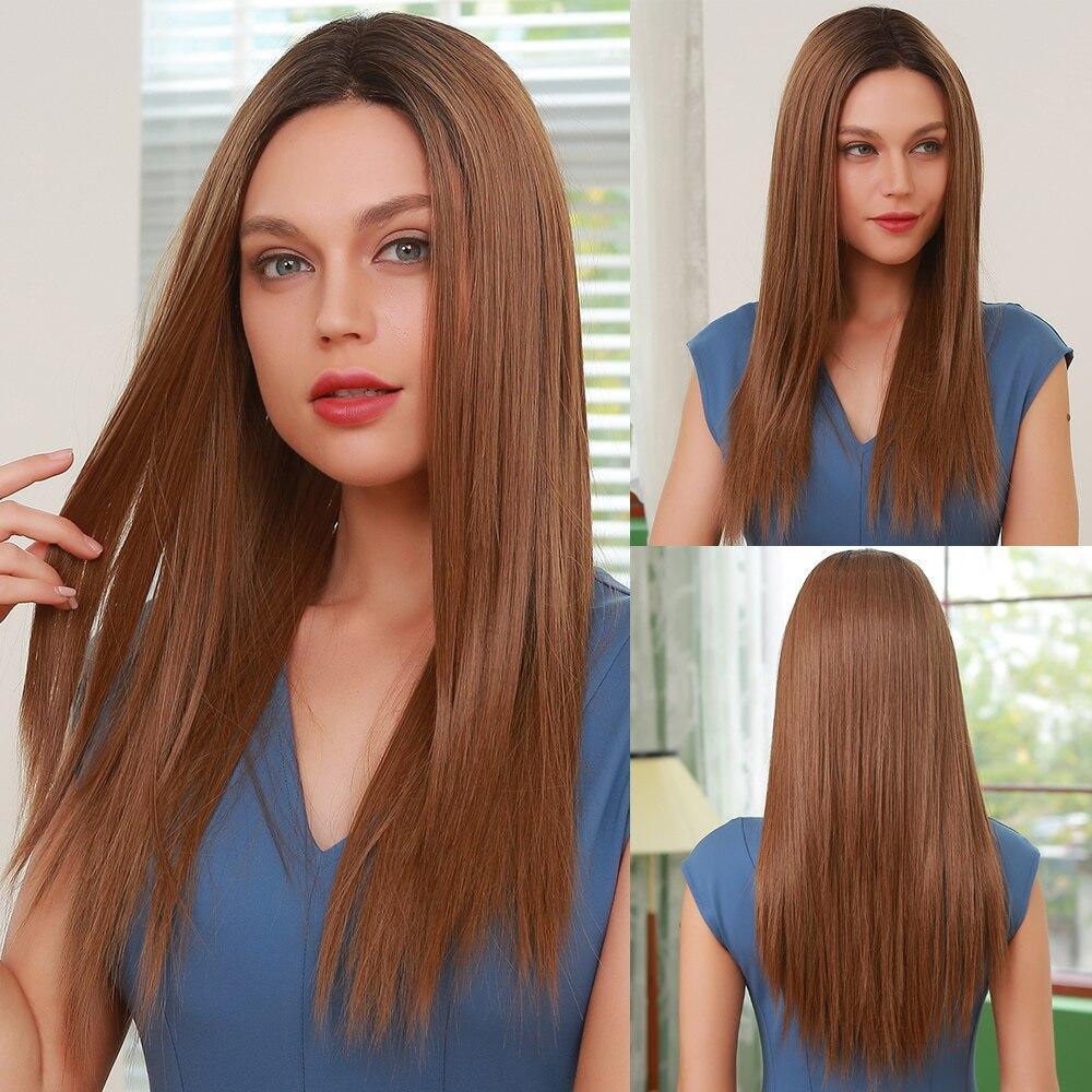 HAIRCUBE 20 inch synthetic lace front wig in straight brown style showcased from multiple angles