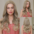 HAIRCUBE 21 inch lace front wig with long wavy blonde hair shown from front side and back