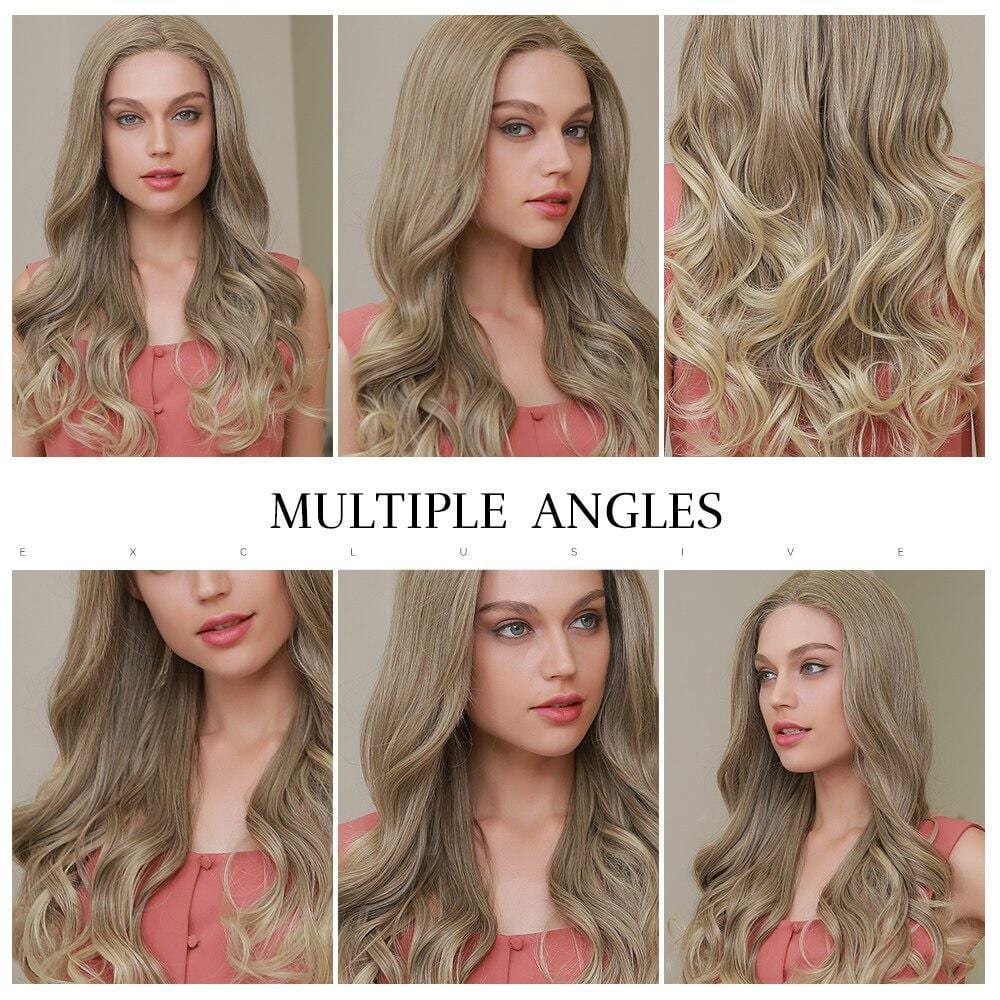 HAIRCUBE 21 inch lace front wig shown from multiple angles with long wavy blonde hair