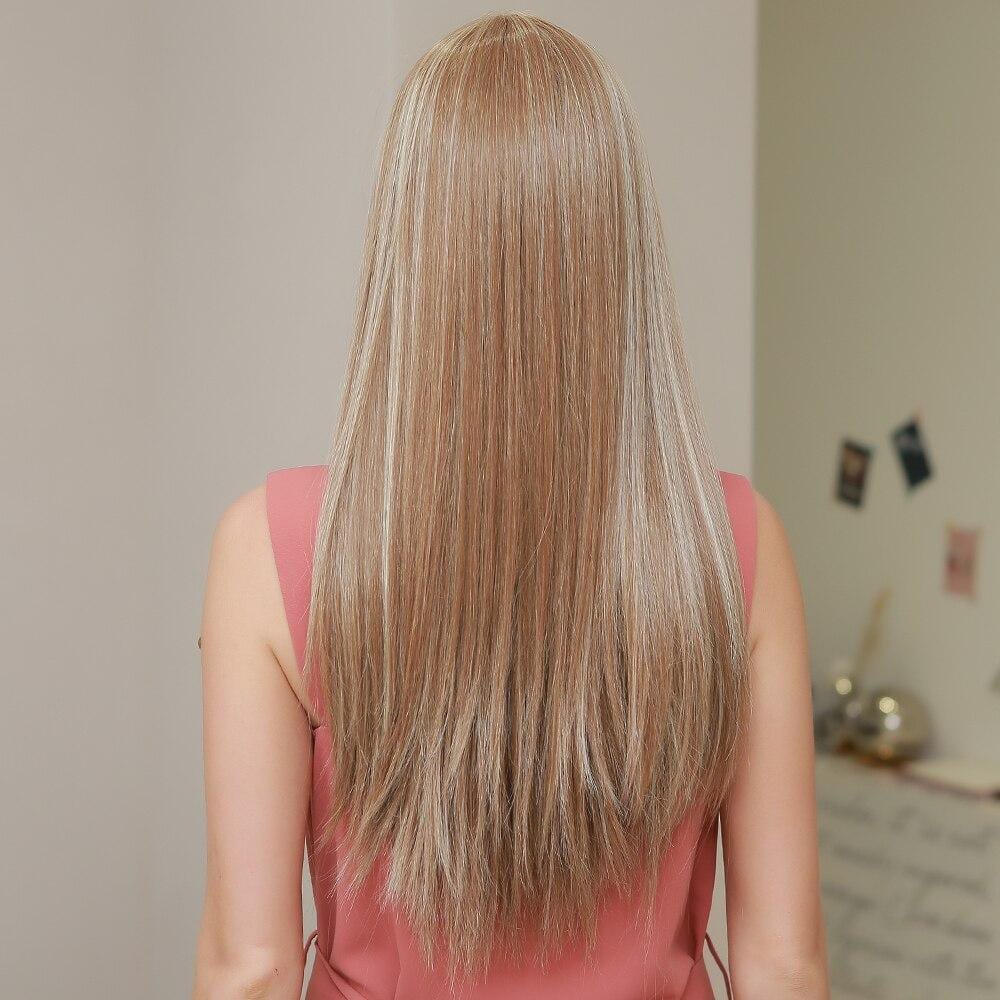 HAIRCUBE 21 inch straight synthetic wig in light brown with blonde highlights shown from the back