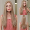 HAIRCUBE 21 inch straight synthetic wig in light blonde displayed on a model from front, side, and back views