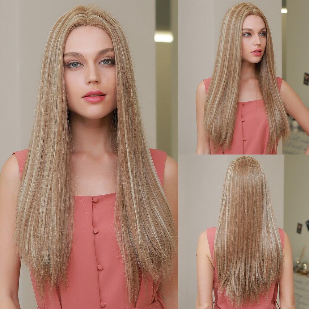 HAIRCUBE 21 inch straight synthetic wig in light blonde displayed on a model from front, side, and back views