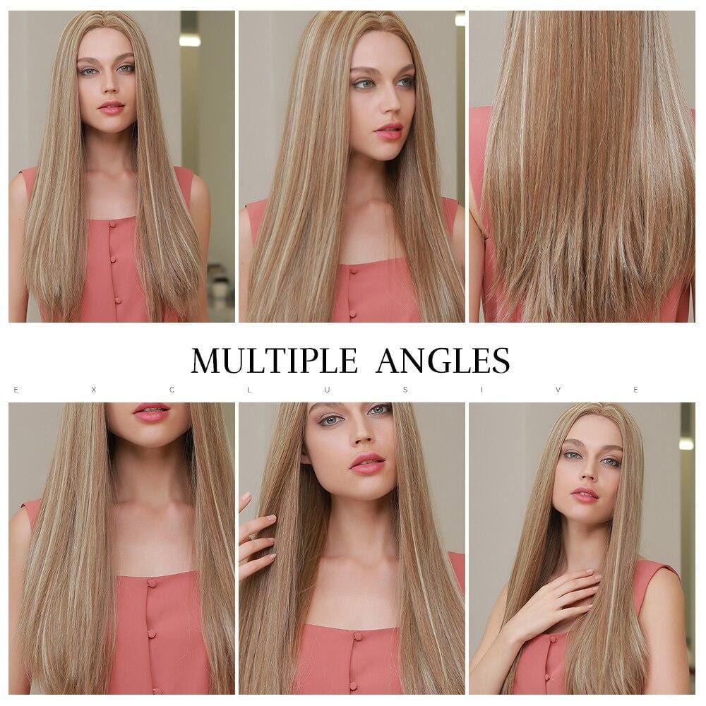HAIRCUBE 21 inch straight synthetic wig shown from multiple angles on a model with long blonde hair