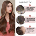 21 inch synthetic lace part wig by HAIRCUBE shown on model with long brown hair and lace front cap features