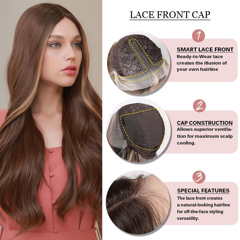 21 inch synthetic lace part wig by HAIRCUBE shown on model with long brown hair and lace front cap features