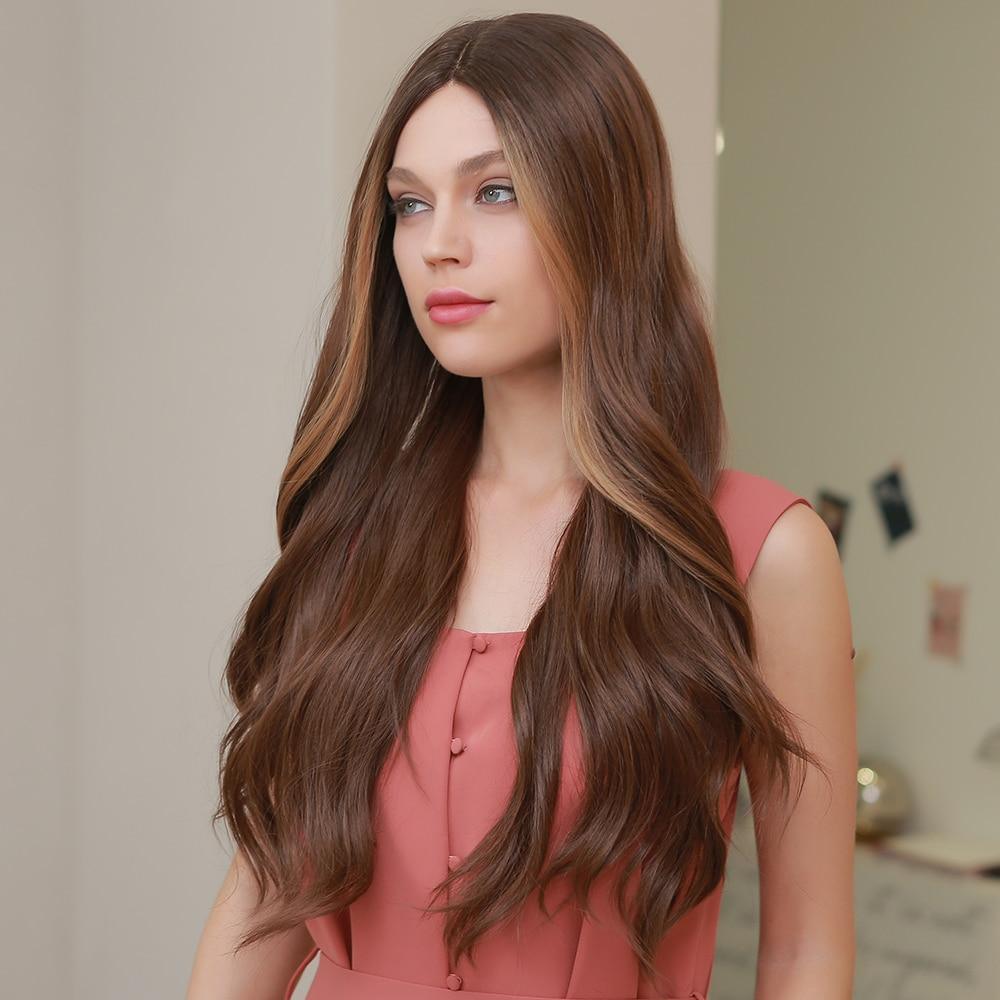 HAIRCUBE 21 inch synthetic lace part wig with long brown wavy hair styled on woman