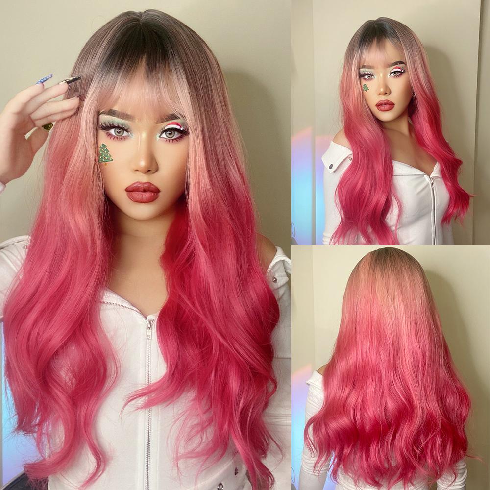 HAIRCUBE 22 inch body wave wig with pink ombre and dark roots styled on female model