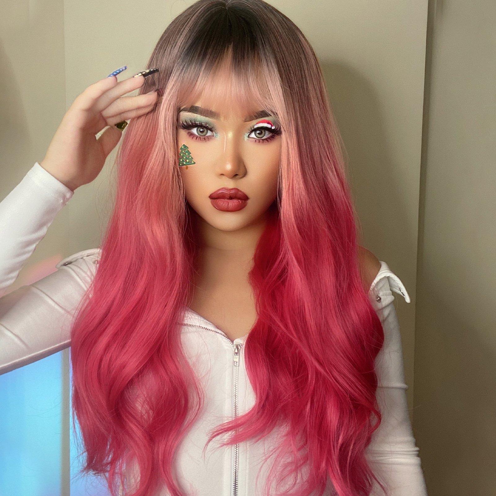 HAIRCUBE 22 inch body wave wig in pink ombre style with soft waves and bangs