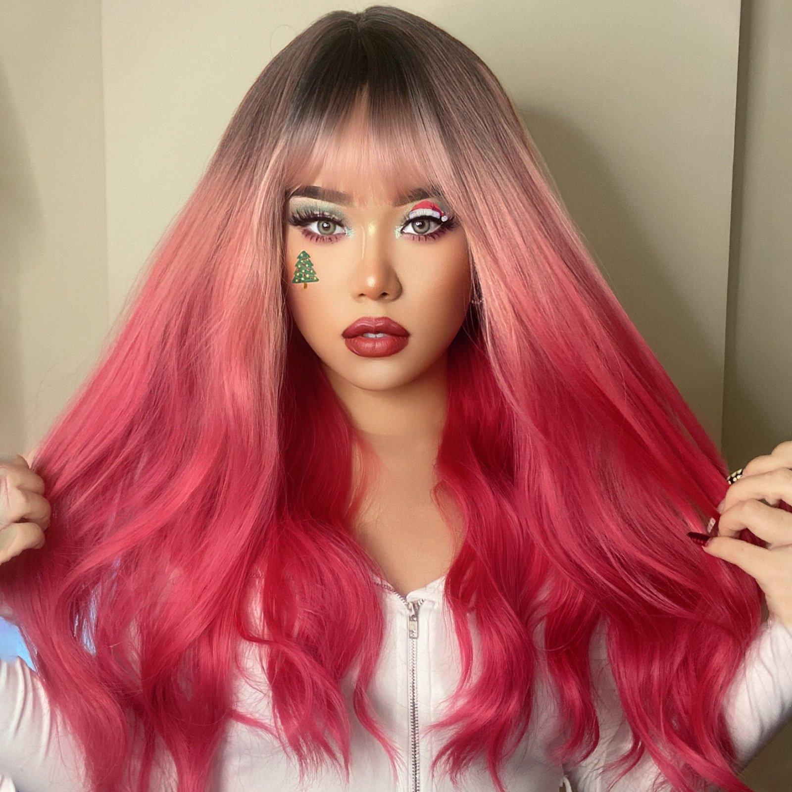 HAIRCUBE 22 inch body wave wig in pink ombre with dark roots styled with bangs