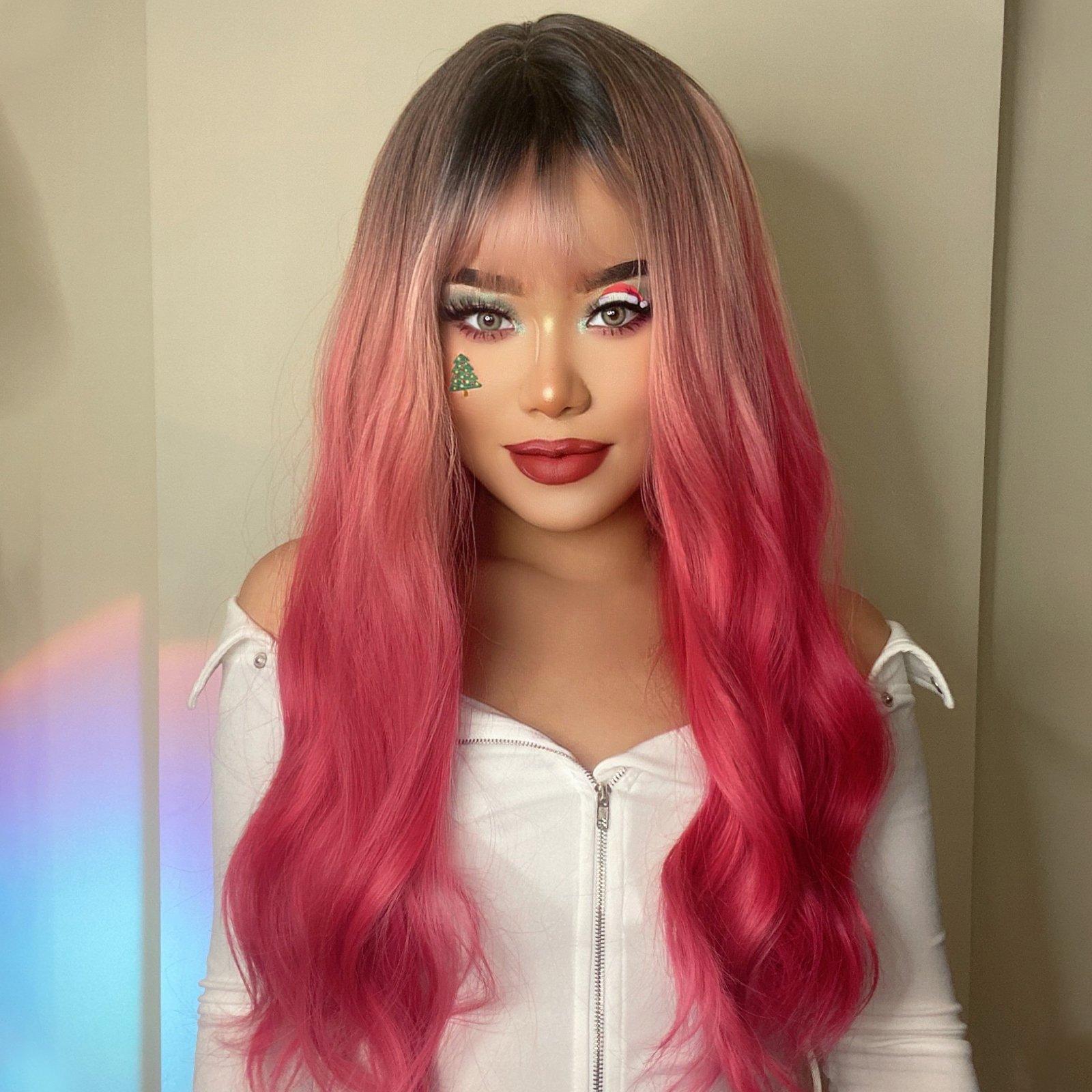 HAIRCUBE 22 inch body wave wig with ombre pink and brown long wavy hair and fringe