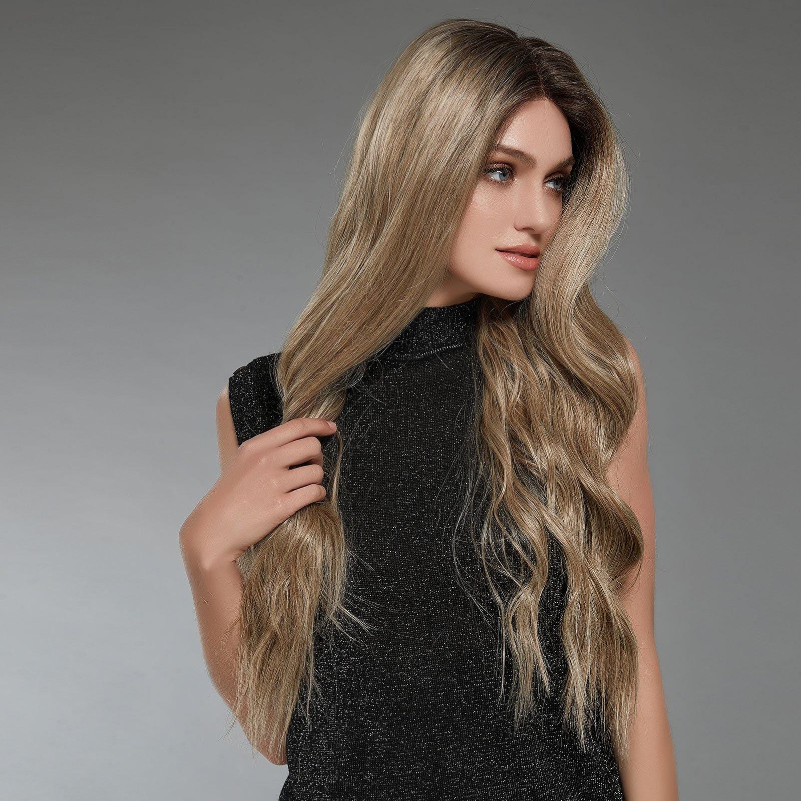 HAIRCUBE 22 inch lace front synthetic wig in long wavy blonde style on female model