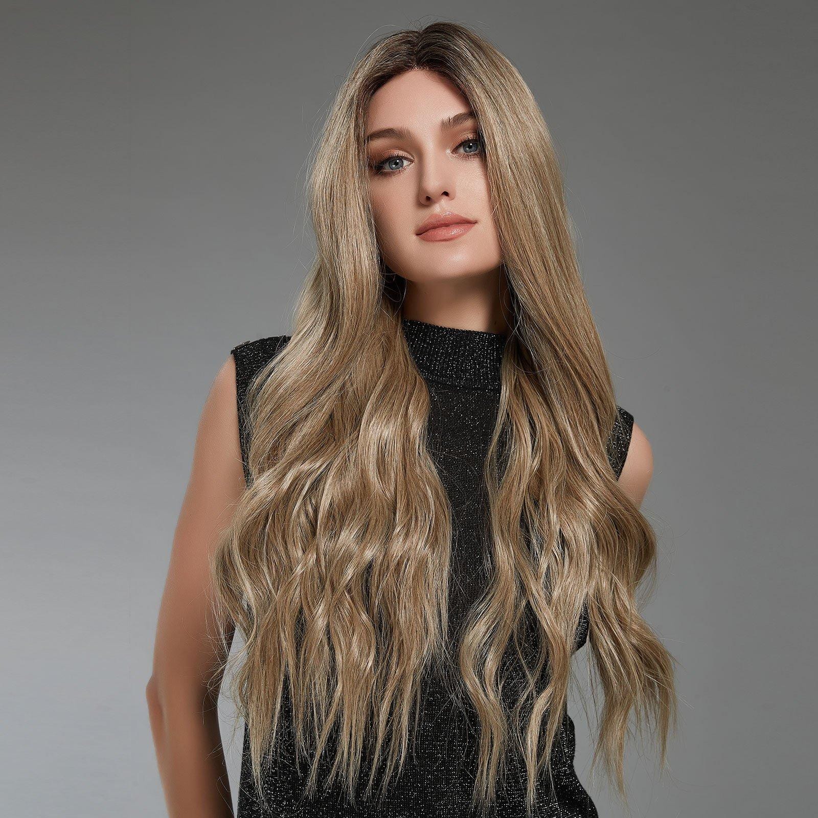 HAIRCUBE 22 inch lace front synthetic wig in long wavy blonde style on a woman with a black top