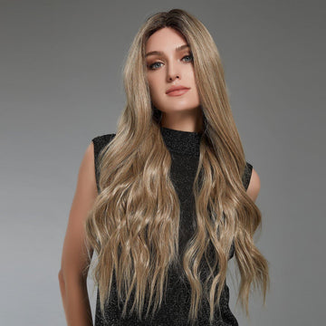 HAIRCUBE 22 inch lace front synthetic wig in long wavy blonde style on a woman with a black top