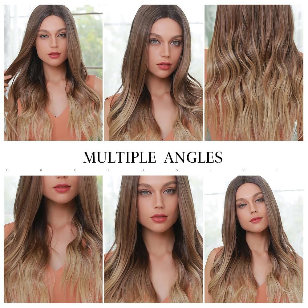 HAIRCUBE 22 inch loose wave lace front wig shown from multiple angles with brunette to blonde ombre color