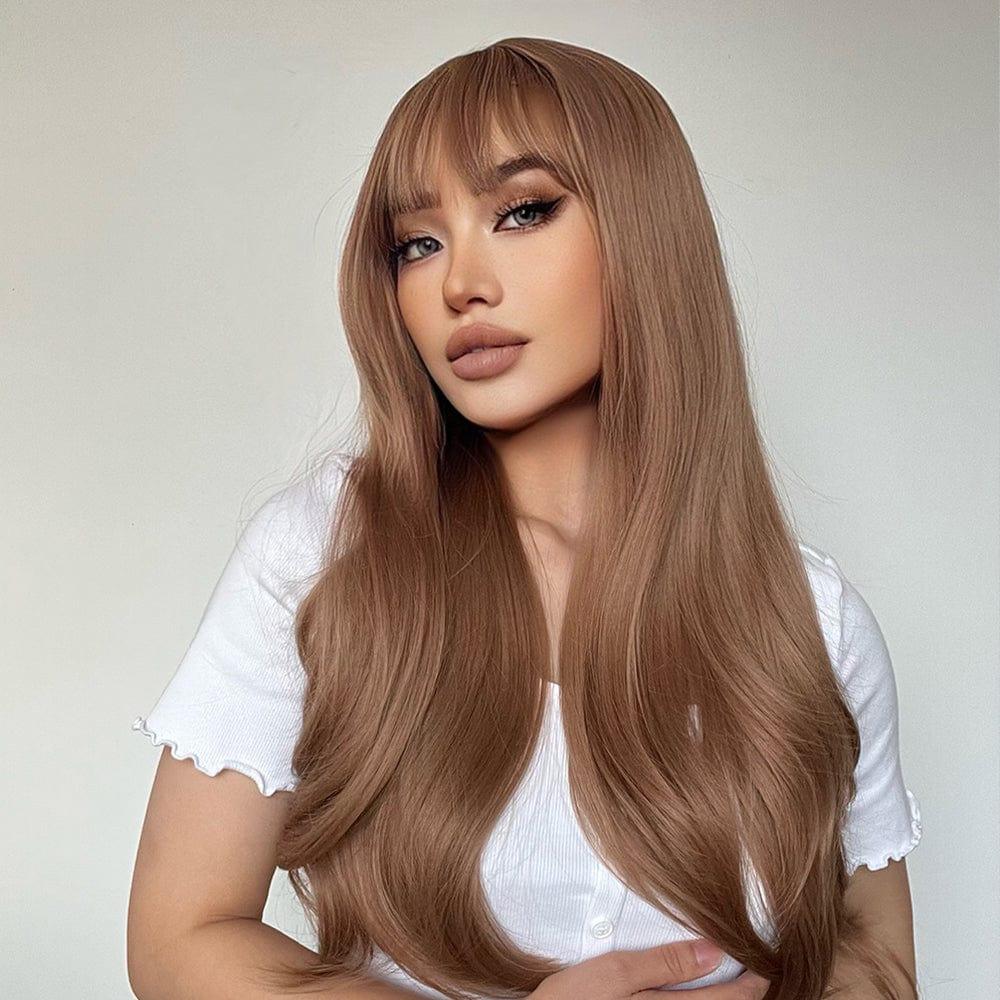 22 inch natural wavy synthetic wig by La Sylphide worn by woman with long brown hair and bangs