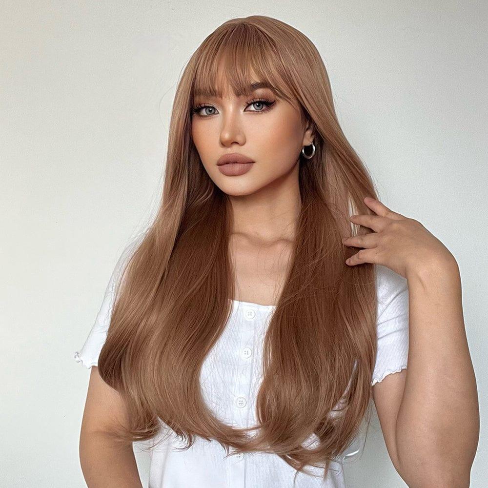 22 inch natural wavy synthetic wig by La Sylphide worn by woman with long brown hair and bangs