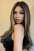 HAIRCUBE 22 inch synthetic lace front wig with long layered brown hair and blonde highlights