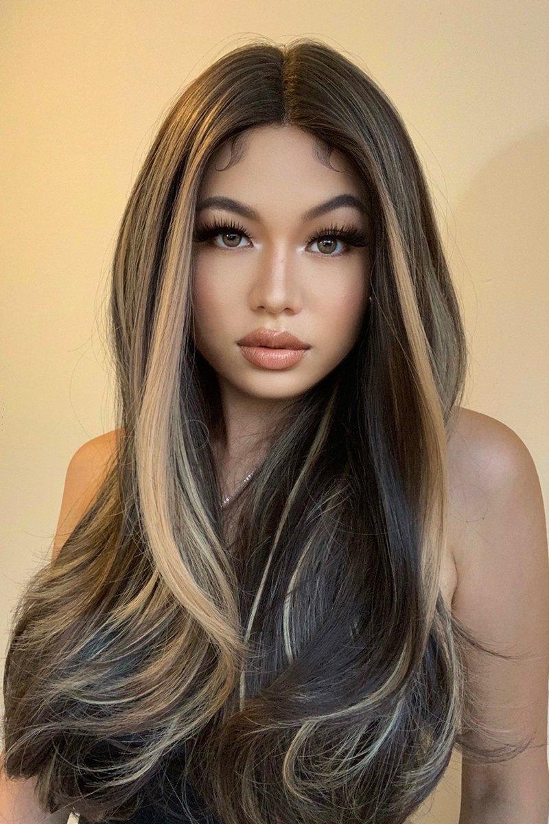 HAIRCUBE 22 inch synthetic lace front wig with long layered dark brown hair and blonde highlights