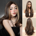 HAIRCUBE 22 inch synthetic lace front wig with brown and blonde highlights styled on model and mannequin