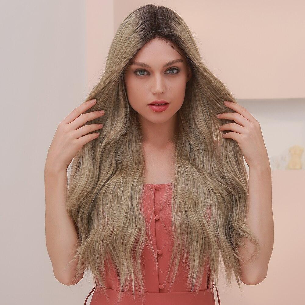 HAIRCUBE 22 inch synthetic lace front wig in long wavy blonde style on woman